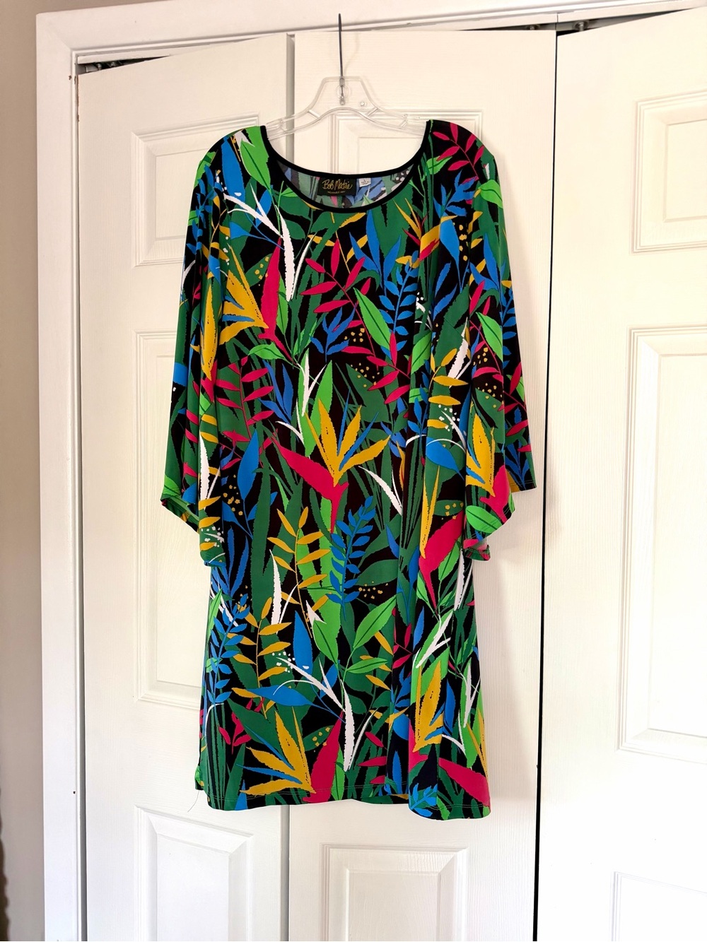 Bob Mackie Wearable Art "Tropical Paradise" Slinky Knit Bell Sleeve Shift Dress